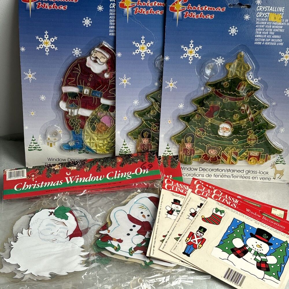 Christmas Holiday Window Clings 1990s Vintage Santas Snowmen Classic Decorations